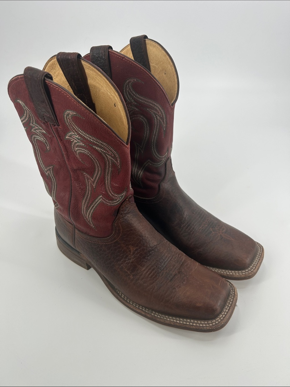 Justin Boots Brown Foot with Red Shaft Square-Toe Western Boots